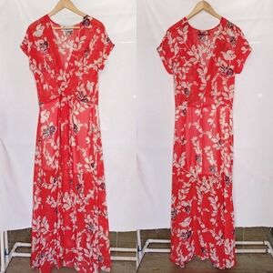 Meghan Los Angeles‎ Maxi Dress Fabulous Jasmine Red Floral Sheer Wrap Vneck XL